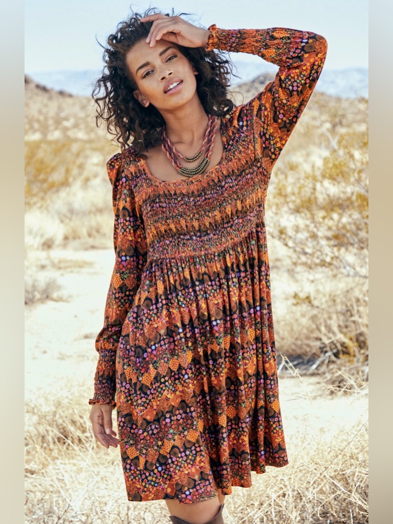 Peruvian Connection Orange Multicolor Smocked Long-Sleeve Floral Dress